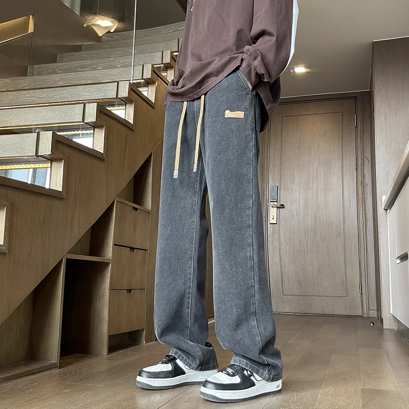 Branded Men's Baggy Jeans Classic Drawstring Loose Casual Straight Pants College Students Daily Versatile Blue Pants