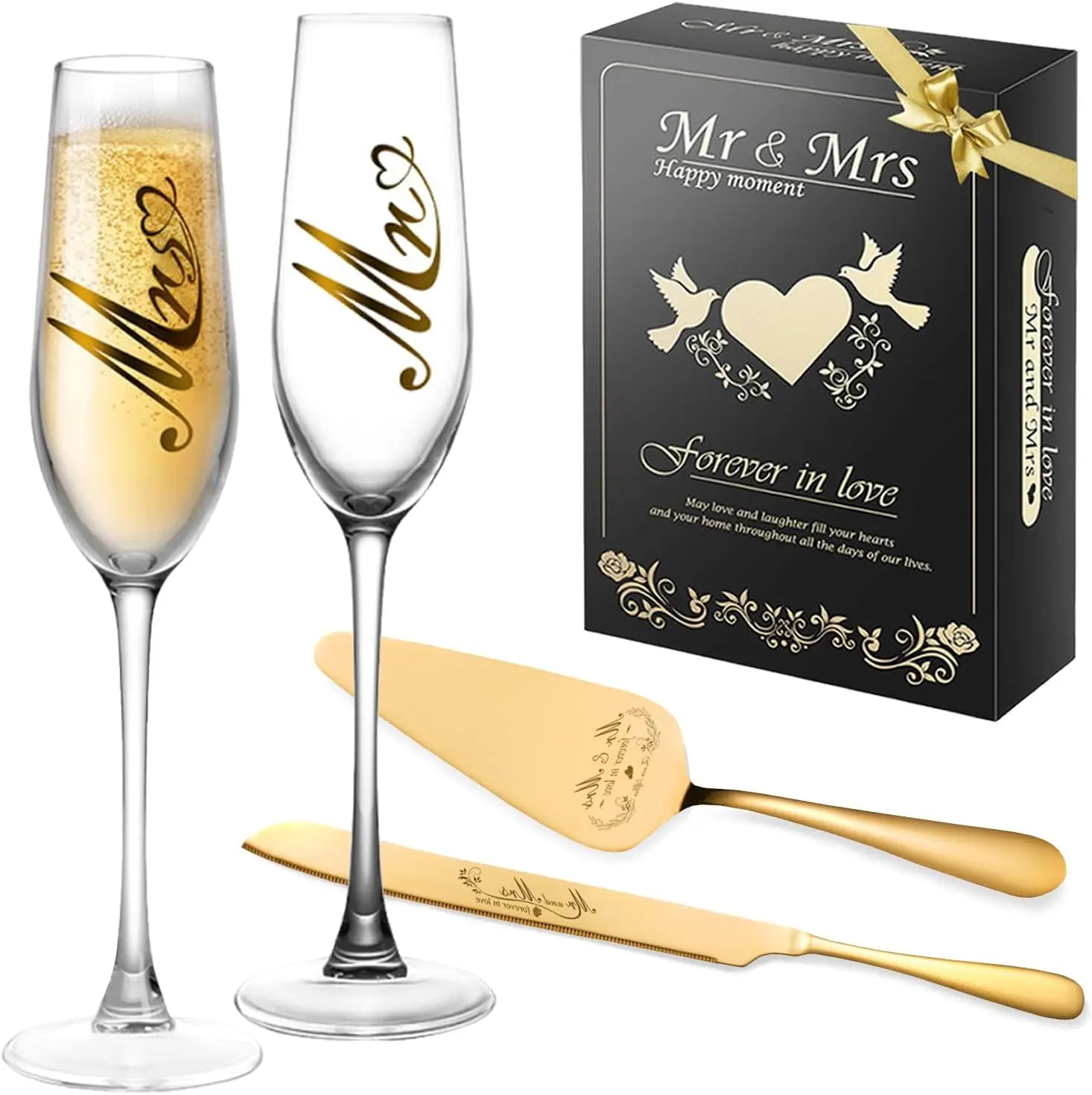 

Mr & Mrs Champagne Flutes, Wedding Cake Knife Set, Bridal Shower Gift (Gold, Set of 4)