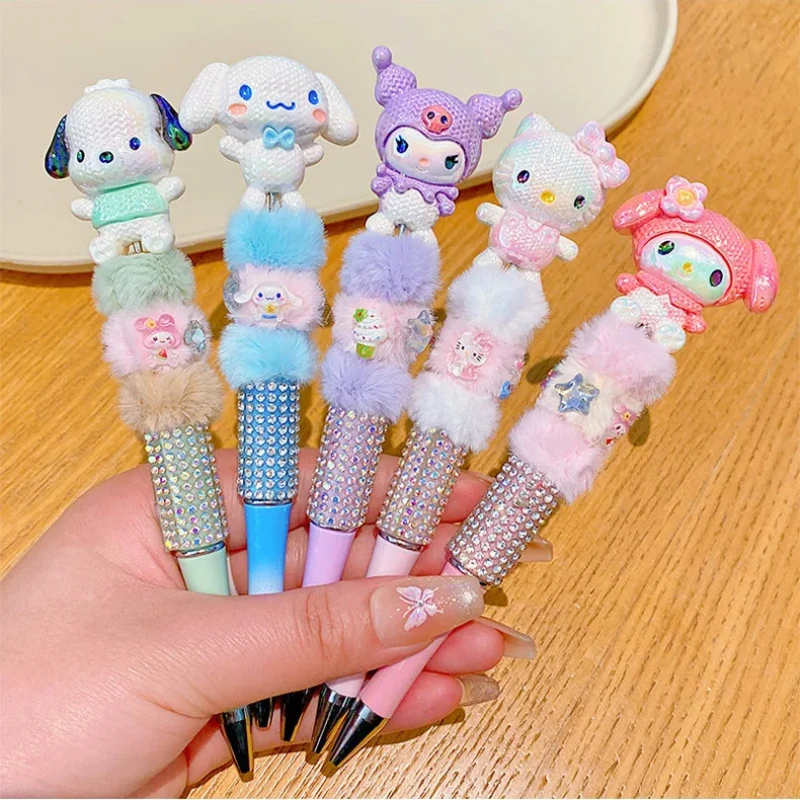 

Cartoon Sanrio Hello Kitty Plush Bead String Pen Pochacco Cinnamoroll DIY Writing Pen Kuromi My Melody Cute Stationery Kids Gift
