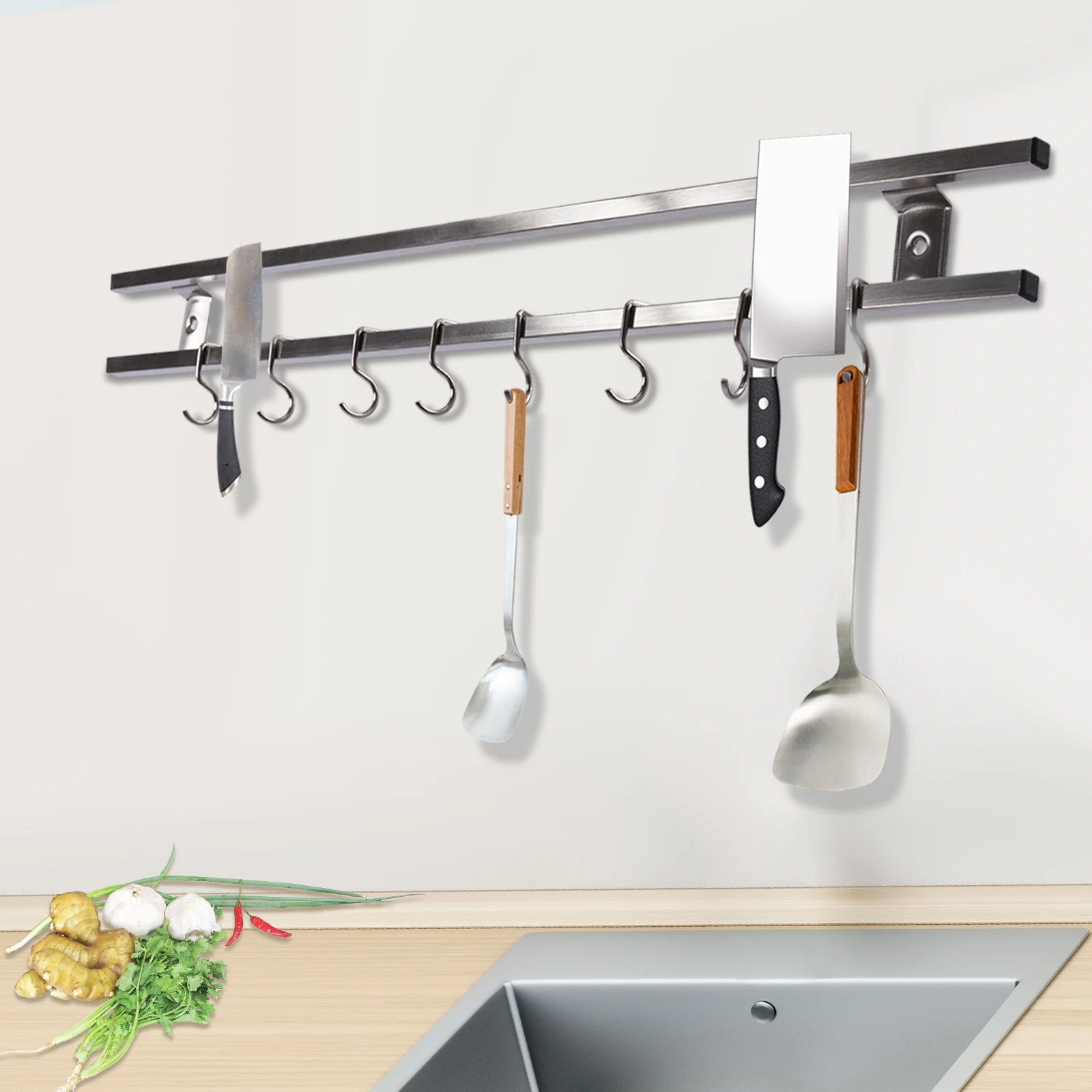 24Inch Magnetic Knife Holder Magnetic Utensil Hanger with 8 Hooks Knife Bar Rack