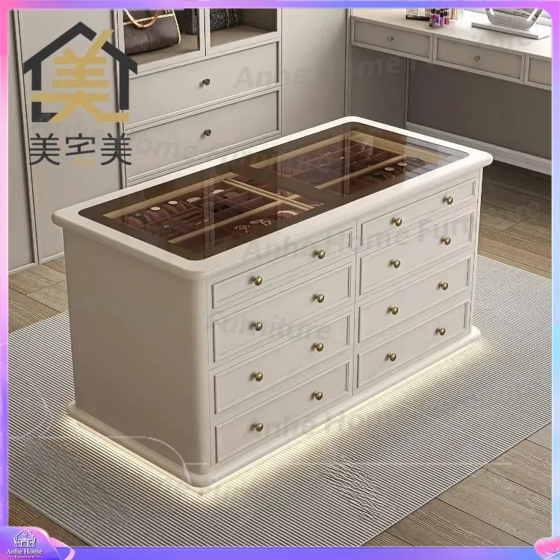 Luxury Cream Style Island Display Cabinet French Walk In Closet Jewelry Storage Chest High End Bedroom Furniture Showcase