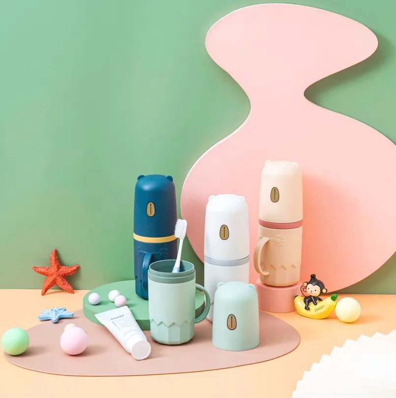 Portable Mouthwash Cup for Home Use, Travel, Little Bear, Straight Tube Creative Dental Kit, Multi Functional Mouthwash Cup.