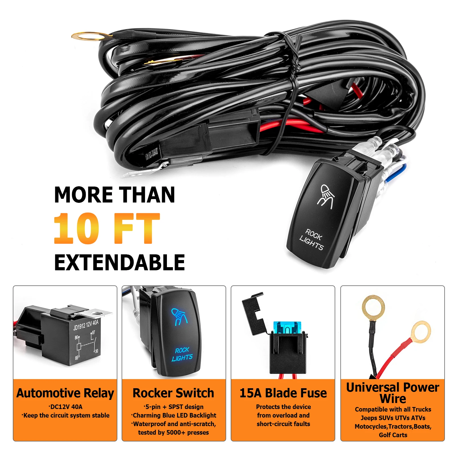 

1 Lead 16AWG 12V Universal Off Road Rock Light Wiring Harness Kit with Rocker Switch Relay Fuse for UTV ATV Jeep SUV Truck Boat