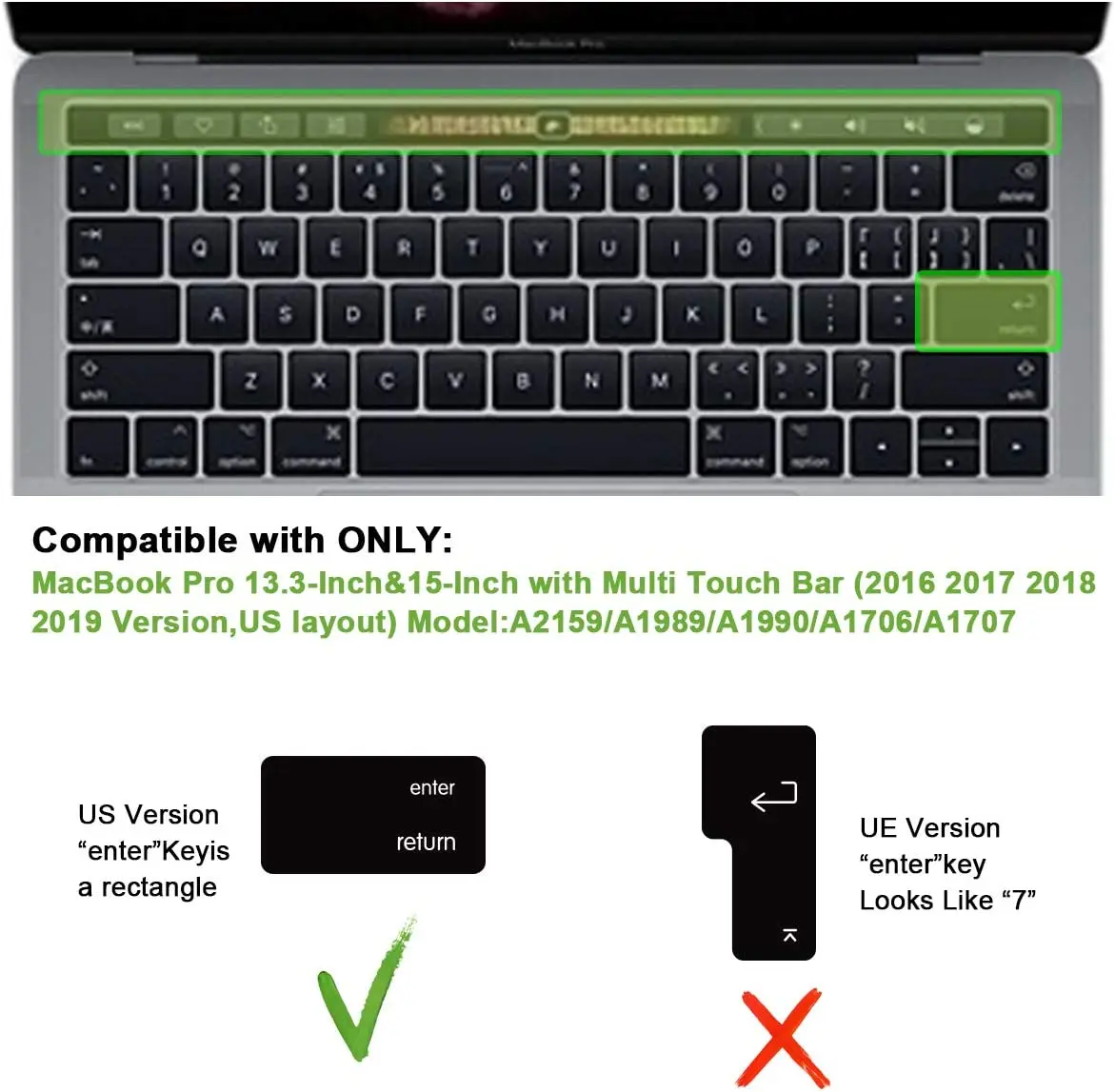 Keyboard Cover Protector USA Layout for MacBook Pro with Touch Bar 13 15 inch A2159 A1989 A1990 A1706 A1707 2019 2018 2017 2016