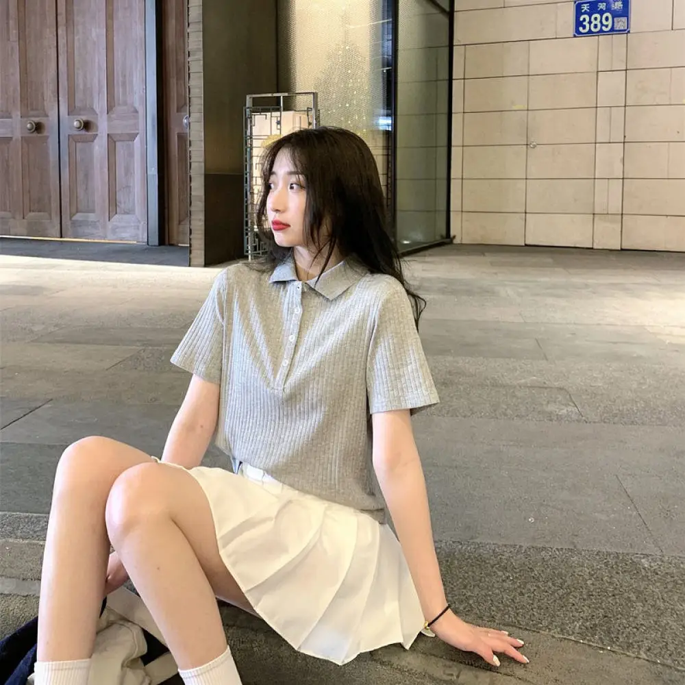 Short Sleeve Womens Polo Shirt Cotton Tee Slim Fit Solid Color Casual Fashion Summer Tops For Daily Streetwear