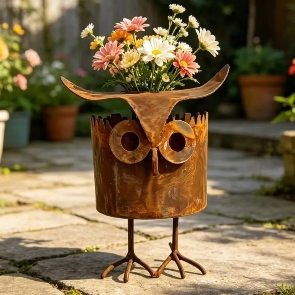 Plant Pot Metal Owl Flower Pot Retro Drainage Hole Plant Holder with Legs Weathered Finish Bird Flower Pot Window Shelf