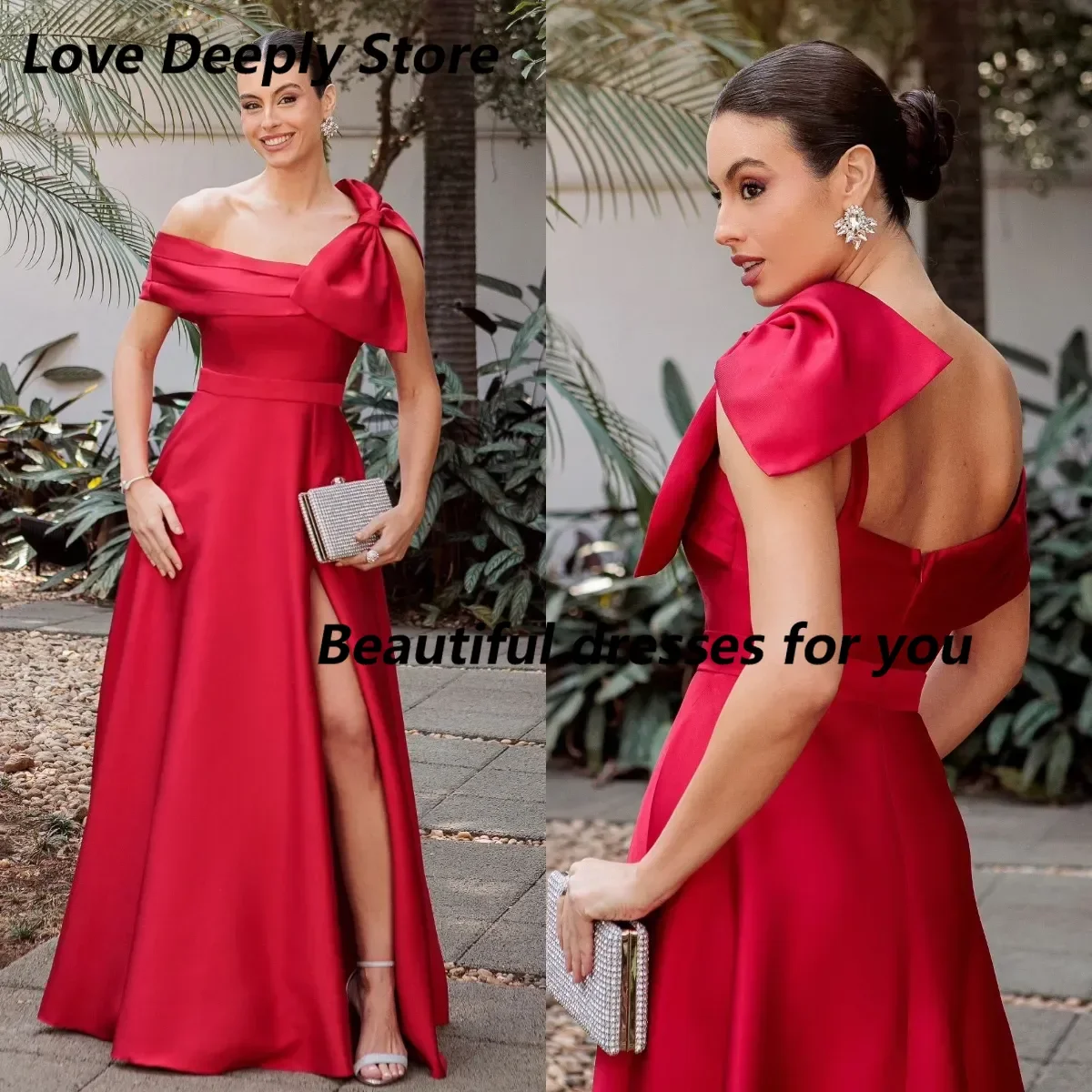 

Customized Red Satin Evening Dresses Elegant Sleeveless Off Shoulder Evening Gown A Line Backless Split Dresses for Women