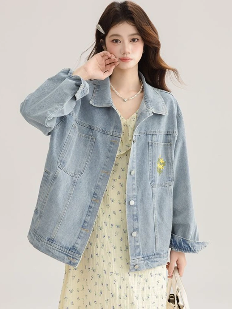 

Women Embroidered Flower Denim Jacket Soft Washed Spring/Autumn Coat Multiple Pockets Boho Layering Essential w/ Curated Design