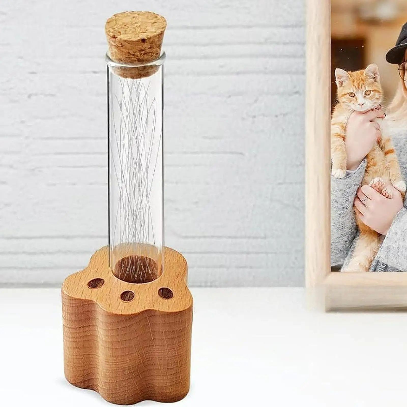 

Holder Wooden Base Paw Shape Vase Simple Hair Keepsake Desk No Glass Tube Versatile for Small Charms Kitten