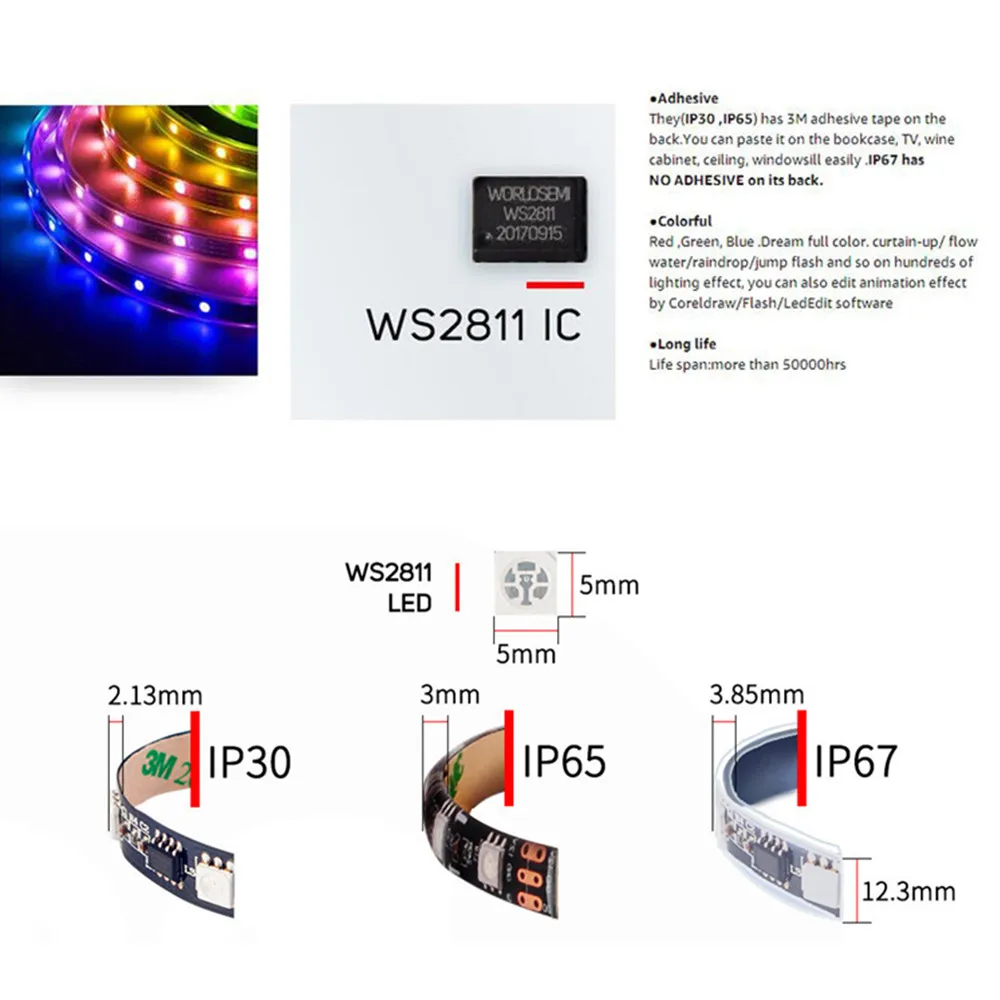 Tira de luces RGB WS2811, 5050 SMD, direccionable, 30/60leds/m, píxeles Led programables externos, 1 Control IC, 3 LED, 12V, 0,5-5m, cinta Led