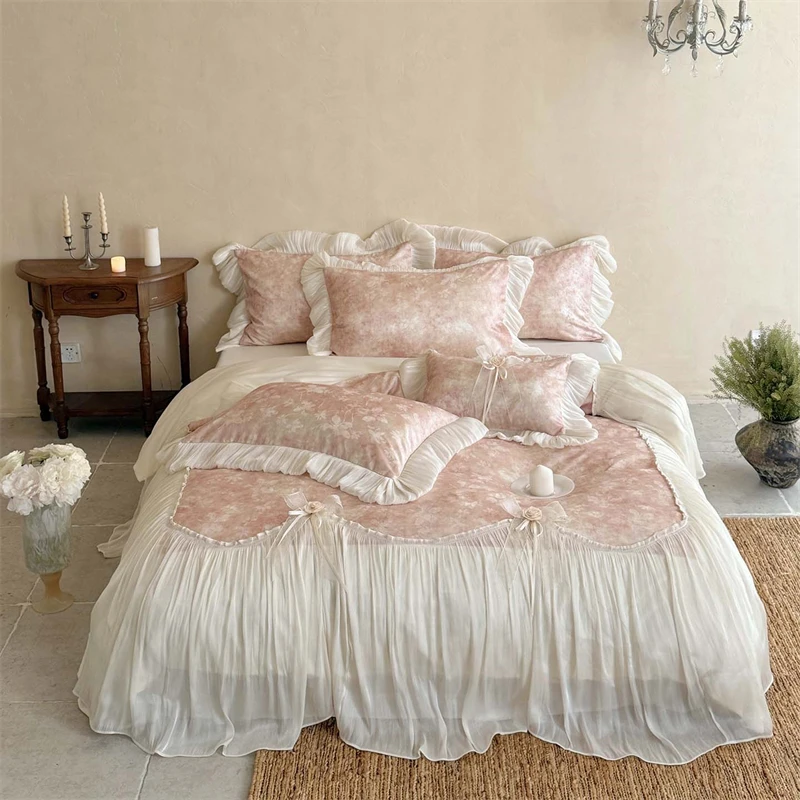 600TC Lyocell Princess Bedding Set Floral Jacquard Duvet Cover with Lace Ruffle Skirt & Handmade Rose Bow, Bed Sheet Pillowcases