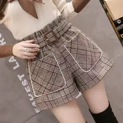 Korean Fashion Autumn Winter Women Plaid Woolen Pockets Casual Office Lady Loose Elastic High Waist Wide Leg Boots and Shorts