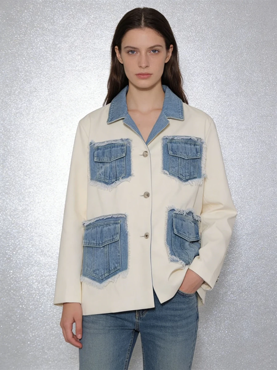 TWOTWINSTYLE Chic Creative Offices Apricot Blazer with Denim Accents for Women Raw Edge Pockets Design for Casual Social Events