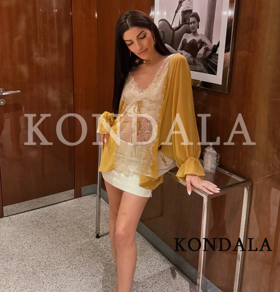 KONDALA Women Elegant Holiday Patchwork Lace Shirts See-Through Shirts New Fashion 2026 Spring Summer V-Neck Lace-up Mujer Shirt