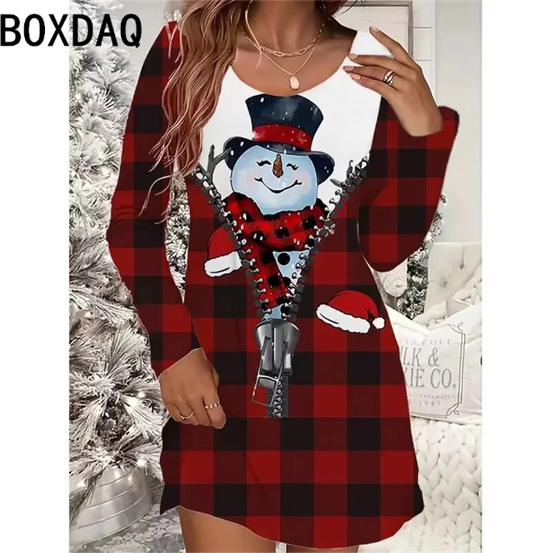 Ladies\' Christmas Party Dress New 3D Red Christmas Snowman Printed Dress Long Sleeve O-Neck Casual Loose Mini Dress Vestidos