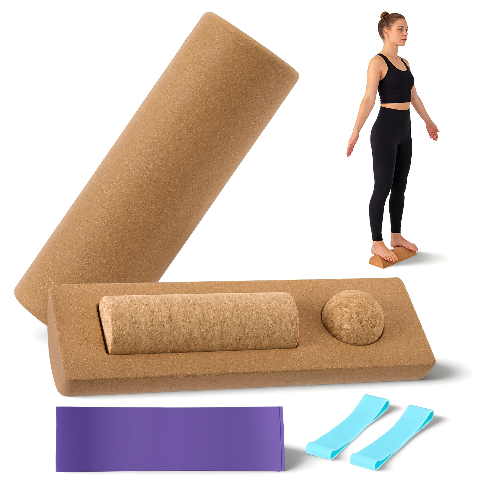 Yoga Block Cork - コルク製ヨガブロック、アンクルバランスボード、高級コルク製ウォブルボード、フットローラー、半円形デザイン、ヨガ・ピラティス用具