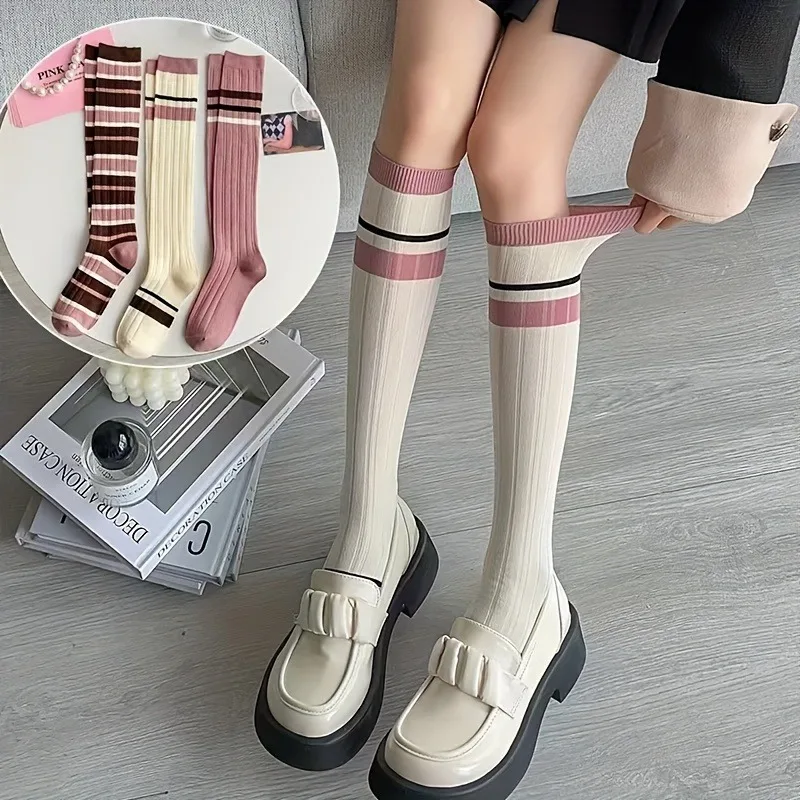 3 Pair of Pink Striped Calf Socks for Suitable for Autumn, in a Japanese Style, JK Uniform, Sweet High-calf Stockings