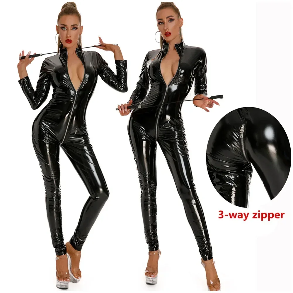 

Plus Size Women Sexy Shiny Leather Catsuit Zipper Open Crotch Wetlook Latex Sheath Jumpsuits Long Sleeve Bodycon Erotic Catsuit