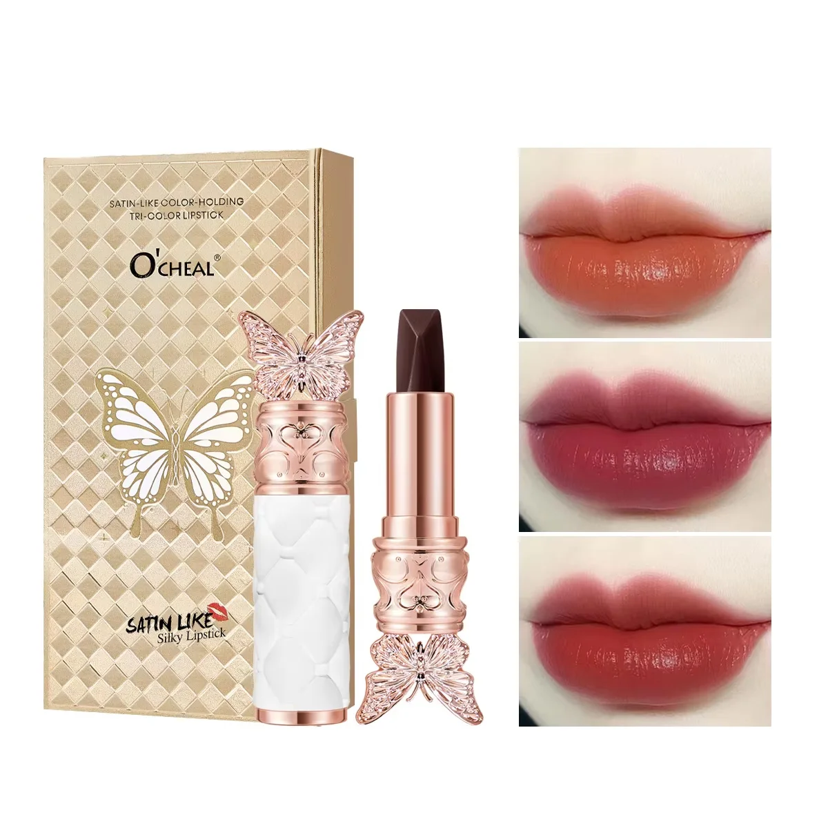 Ocheal Satin-Like Color-Holding Tri-Color Lipstick  Waterproof Long Lasting Liquid Lipstick Tint Moisturizing Tear Off Lip Stain