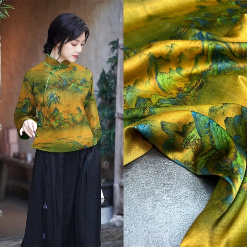 

Silk Fabric Chinese Style Landscape Painting Tang Suit Hanfu Fabric Cheongsam Dress Shirt Designer Sewing Fabric