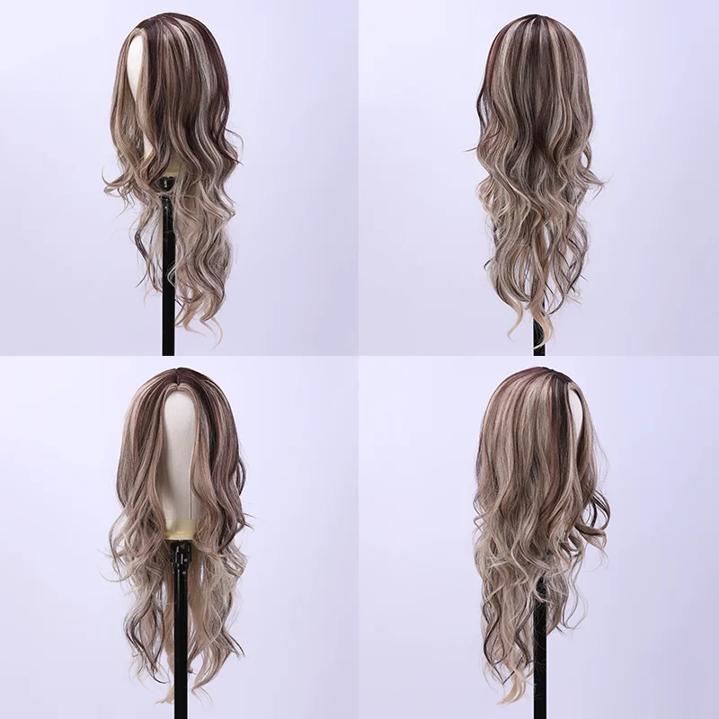 شعر مستعار طويل مجعد - قبعة نسائية شبكية من الألياف الاصطناعية ذات موجة فضفاضة، بني رمادي يومي، لون فاتح طبيعي، شعر مستعار أنيق #4