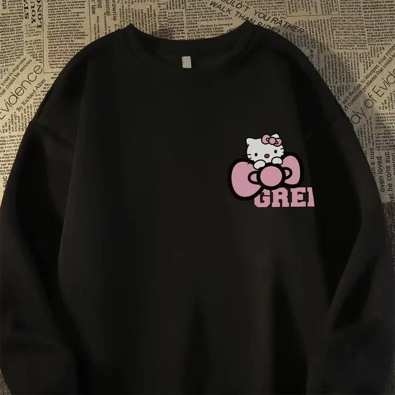 Sanrio Hello Kitty Cute Anime Round Neck Hoodie For Women Kawaii Long Sleeve College Style Loose Fitting Top Yk2 Sweatshirt Girl