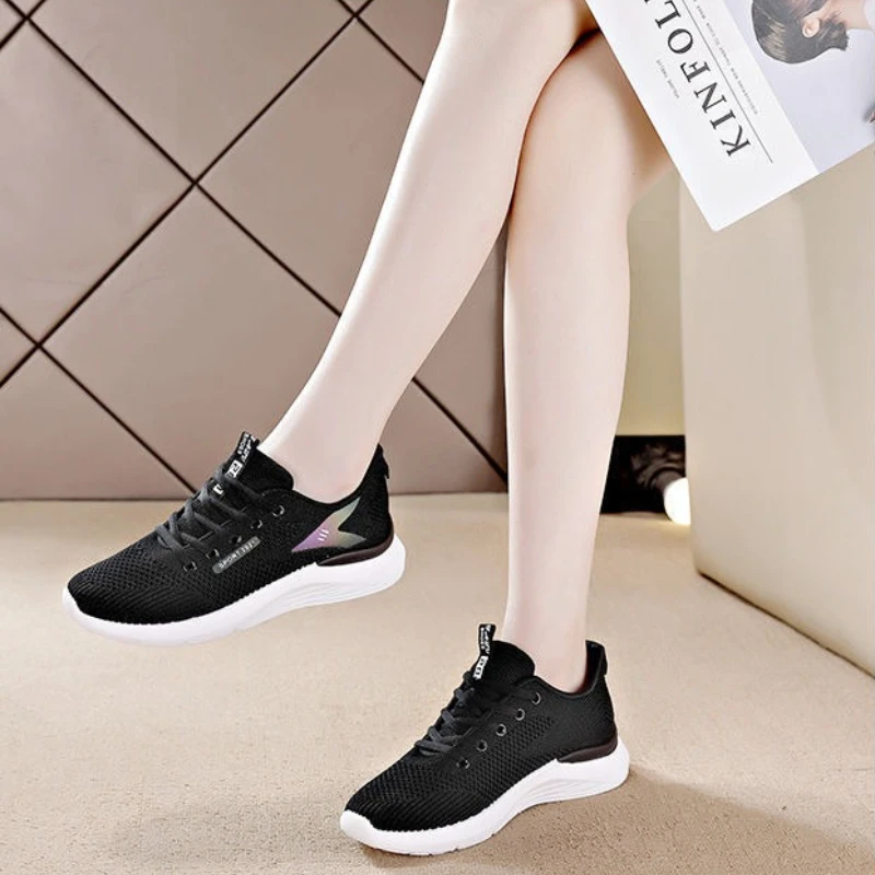 รองเท้าผ้าใบผู้หญิงแบบสวมบนแพลตฟอร์มรองเท้าระบายอากาศได้ดีรองเท้าวัลกาไนส์ระบายอากาศได้รองเท้าลำลองตาข่าย