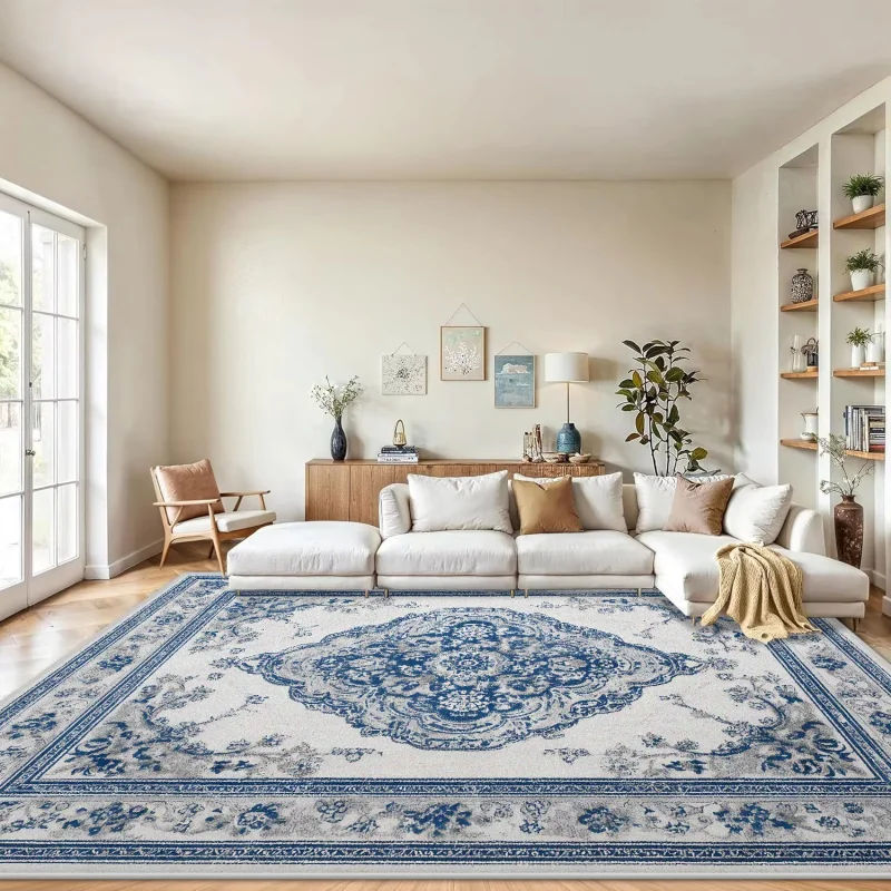 VIKAMA Vintage Distressed Persian Area Rug Blue Floral Medallion Oriental Carpet Cream White Living Room Bedroom Large Floor Rug