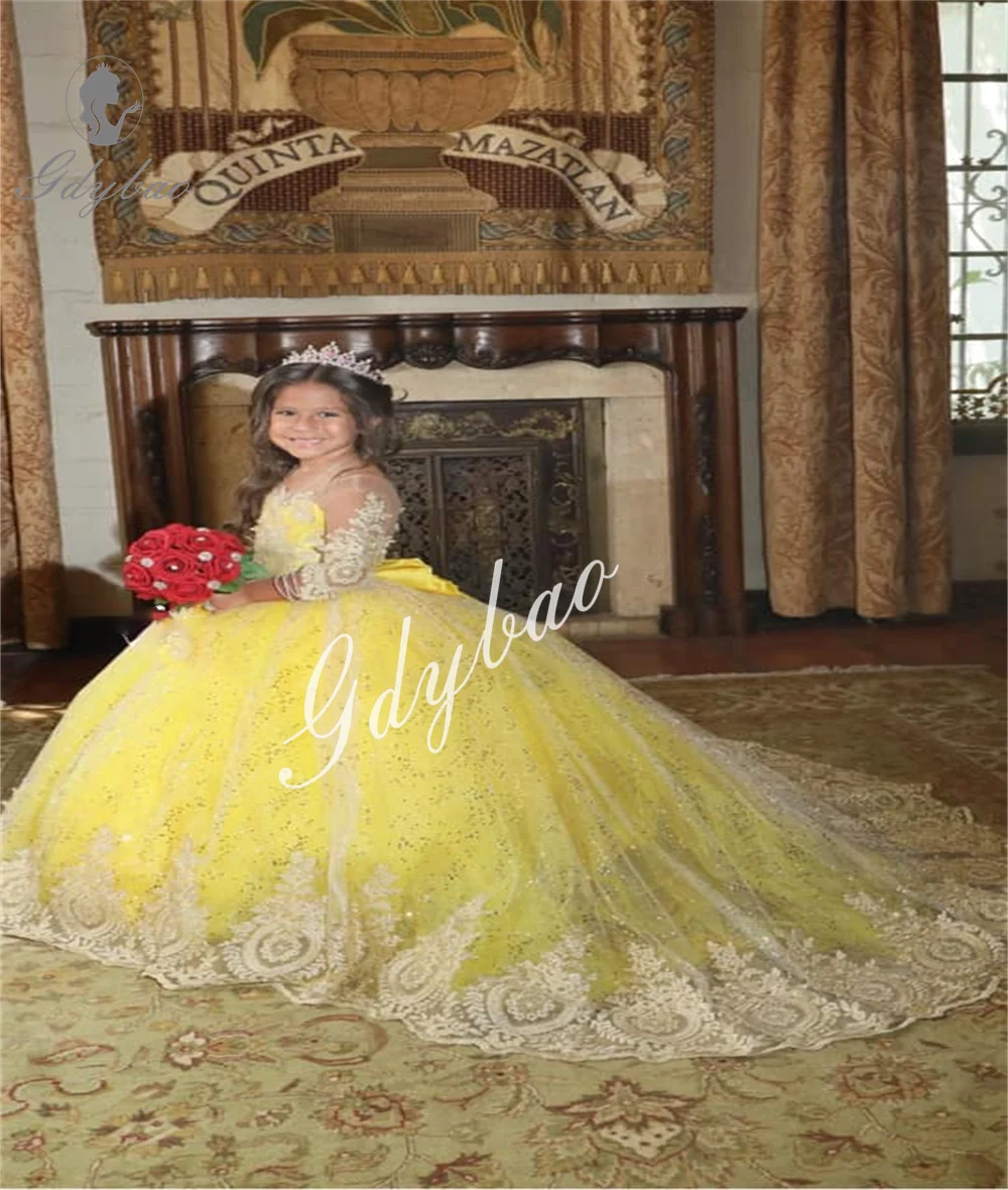 

Yellow Girls Princess Dress 2025 Tulle Fluffy Flower Girl Dresses Lace Sparkling Communion Pageant Dress Custom Made Party Gown