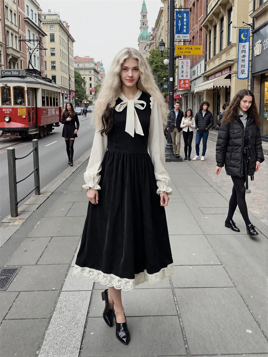 Women'S Black Dress Woman Long Sleeve Regular Fit Preppy Style Autumn Spring Pure Bodycon Red Straps Pearl Embroidery Column