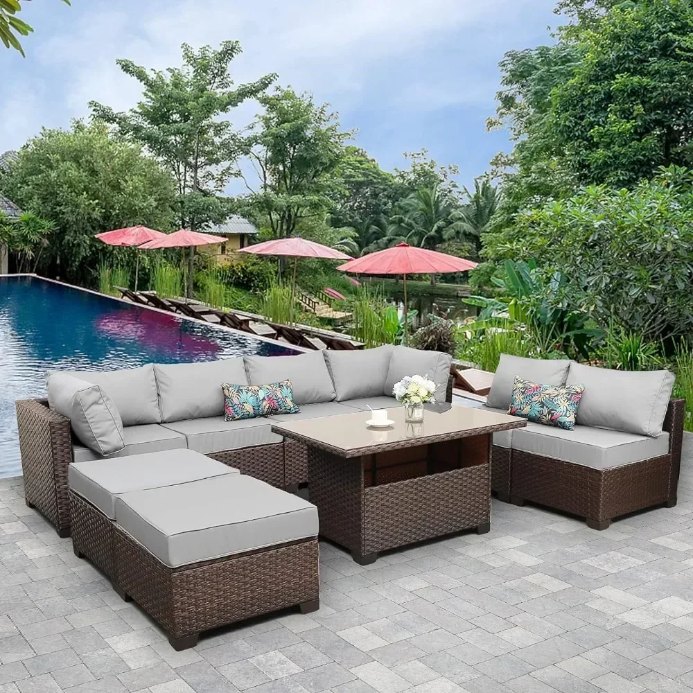 9 Pieces  Furniture Set Outdoor Sectional Conversation Sofa Set with Grey Cushions and Storage Table