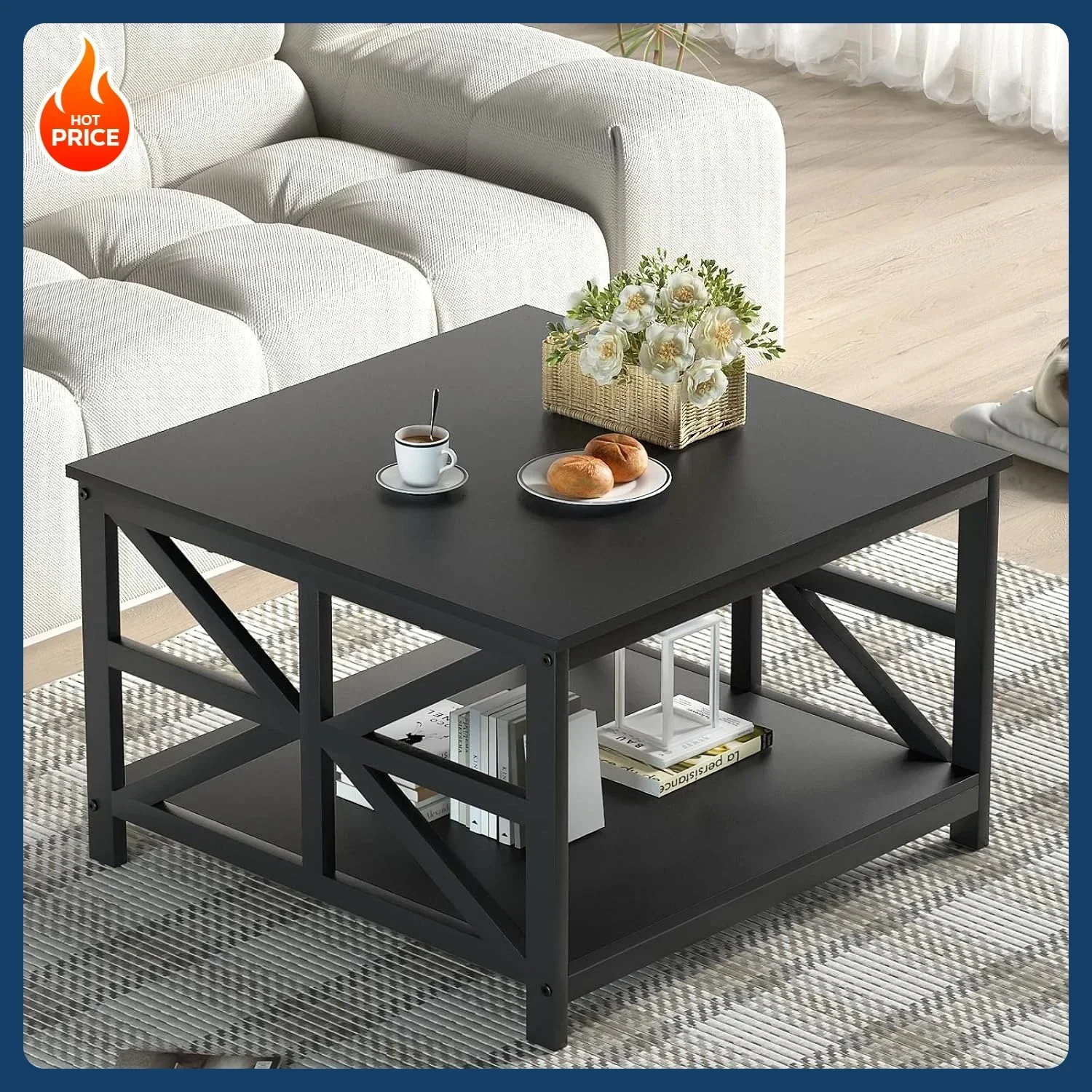 

[Best Seller!]Coffee Table with Storage for Living Room, Small Square Center Tables with Seamless One-Piece Tabletop Farmhouse S