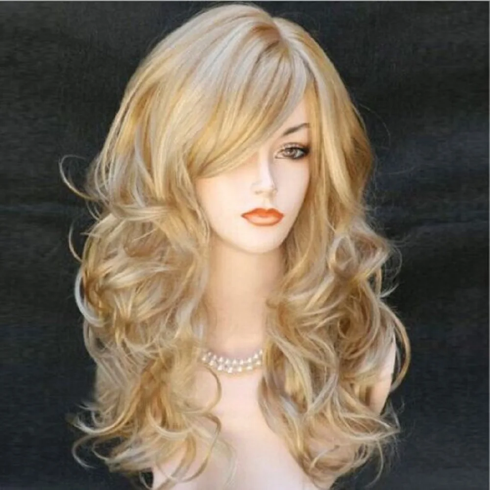 Fashion Synthetic Long Curly Wig for Women with Side Bangs Multi-Color Heat Resistant Fiber Cosplay Party Hairpiece