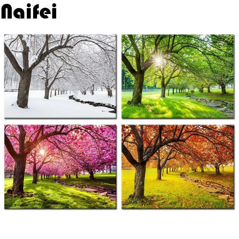 

diamond painting kits 4 Piece Canvas Wall Art Spring Summer Autumn Winter Four Seasons Landscape Colorful Tree mosaic Painting