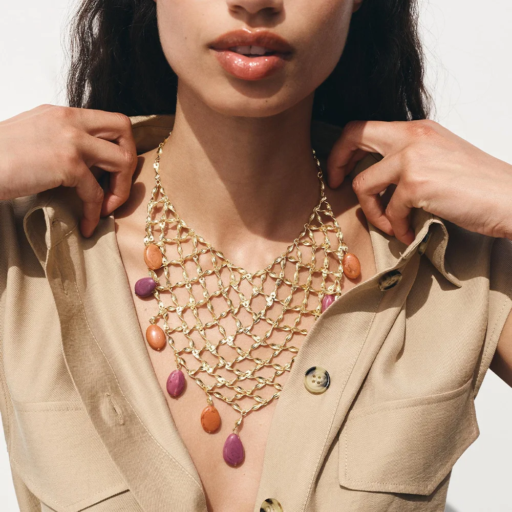 

ZAA Personality Metal Mesh Colorful Resin Beads Pendant Necklace for Women 2025 Trend Neck Jewelry Gifts