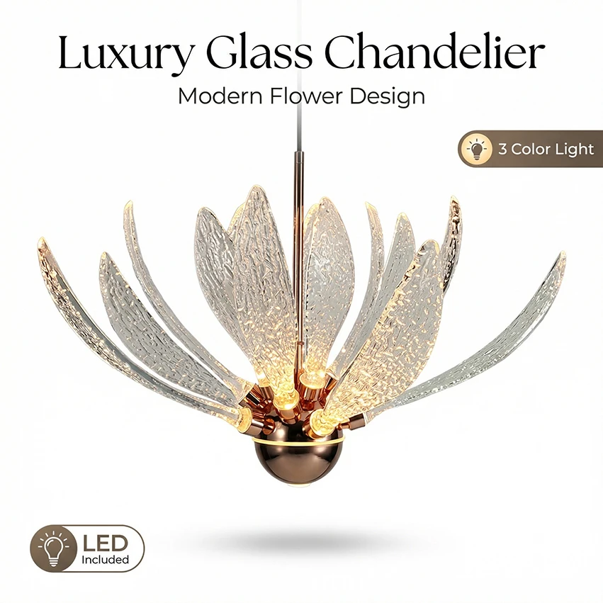 

LED Glass Chandelier Modern Pendant Light Ceiling Lamp 3Color Lighting Fixture for Living Room Dining Room Bedroom Home Lighting