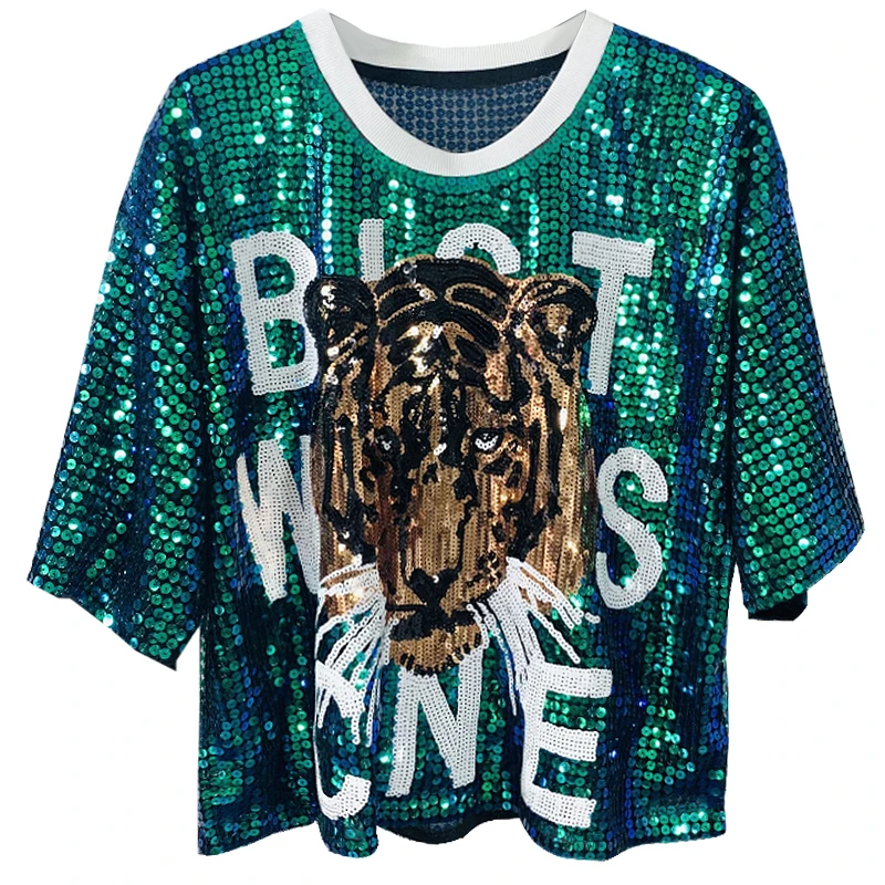 Fashion Letter Tiger Head Sequined Short-Sleeved T-shirt Female 2023 Summer New Street Loose Short Round Neck Top Women Clothes