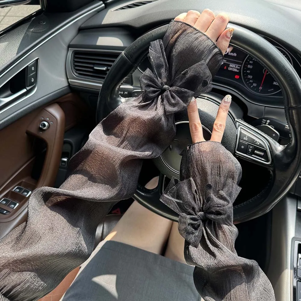 2pcs/set Sun Protection Bow Gauze Sleeves Thin Polyester Breathable Long Arm Sleeves Silk Ribbon Fingerless