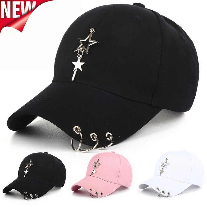 Women\'s Fashion Three Ring Star Pendant Baseball Hat Hip Hop Street Dance Decorative Hat Summer Adjustable Sunshade Hat