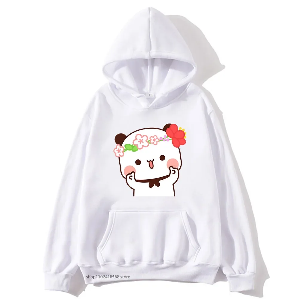 Cute Pretty BuBu Panda in Flowery Head Piece Hoodie DuDu Bear Dancing and Playing with A Guitar Sweatshirt Couple Men Women Tops