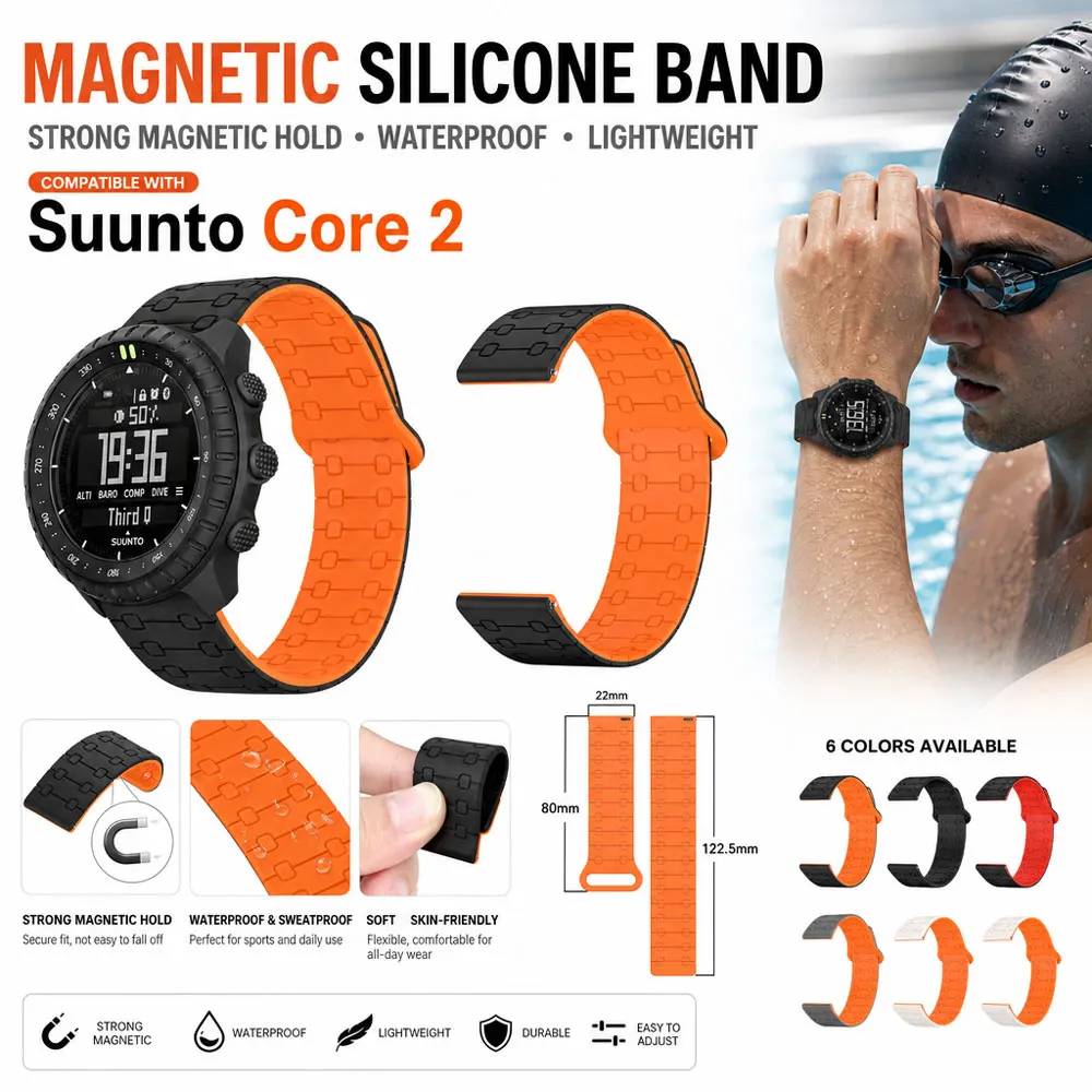 Light Magnetic Silicone Strap for Suunto Core 2 22mm Waterproof Secure Silicone Strap Durable for Suunto Core 2 22mm Wristband