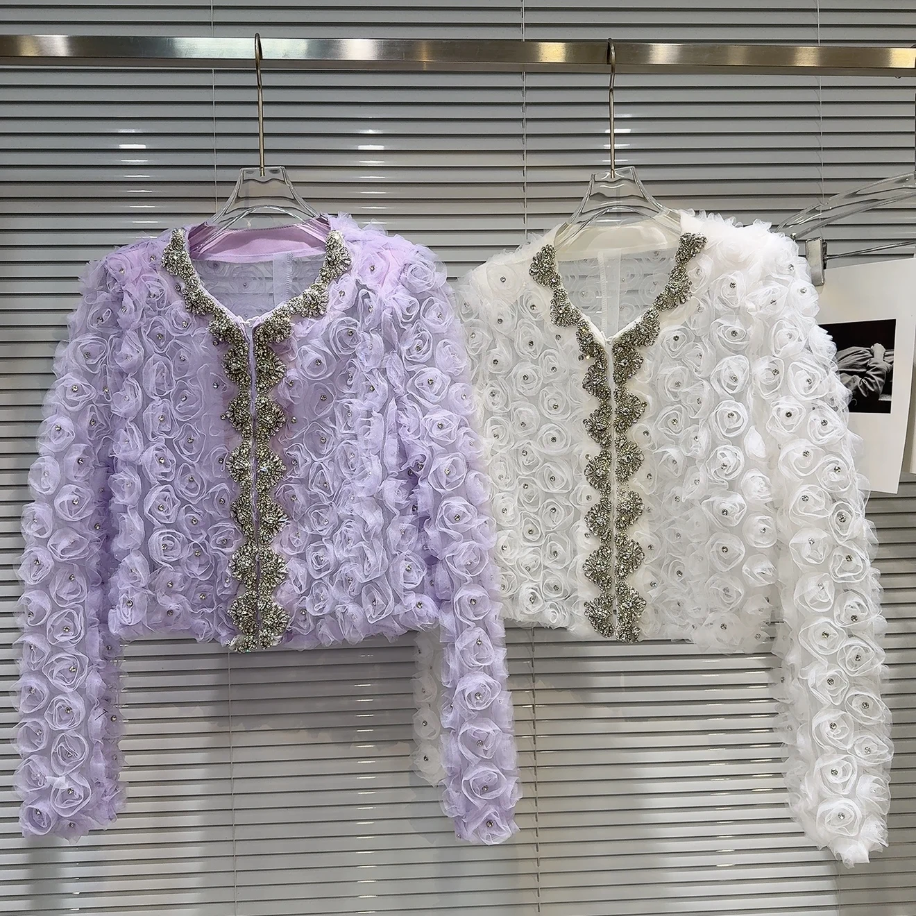 

ort Outerwear Women's Faion Heavy Embellied Net Diamond Studded Rose Flower Decoration Straight Cut Sle