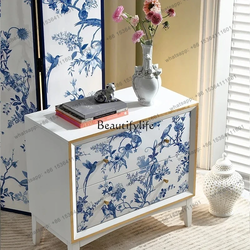

yj21 Blue and white porcelain white solid wood multi-purpose entrance cabinet storage storage decorative cabinet small bucket ca