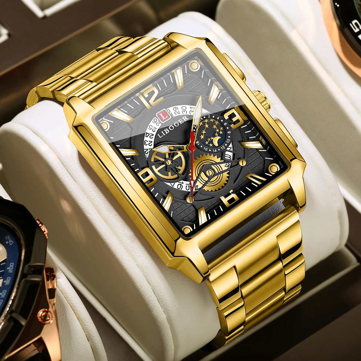 Luxury Rectangle Men Business Watches Golden Stainless Steel Band Calendar Quartz Wristwatch Relogio Masculino（Without Box）