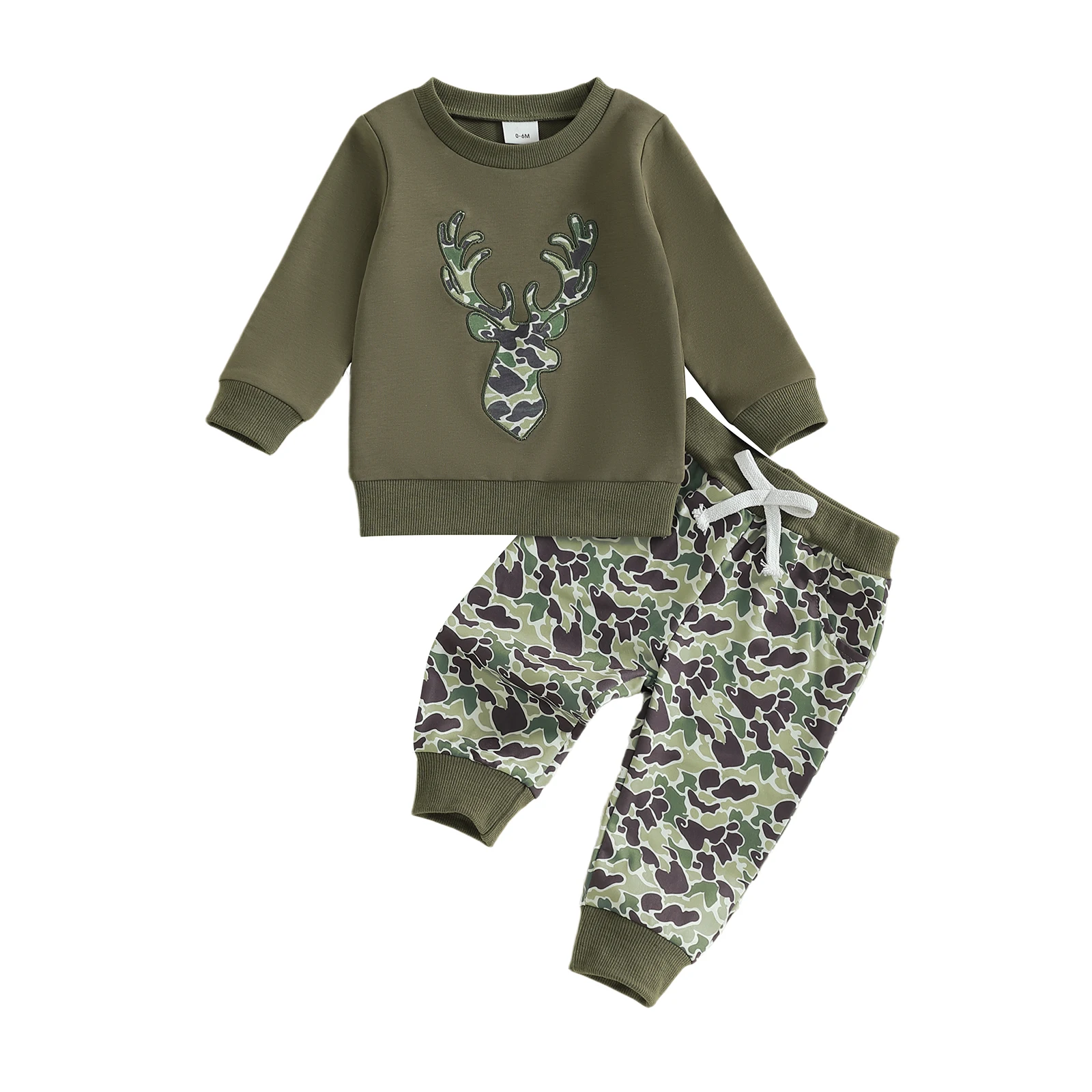 

Toddler Boy Fall Clothes Reindeer Head Embroidery Long Sleeve Round Neck Pullover Elastic Waist Camouflage Pants