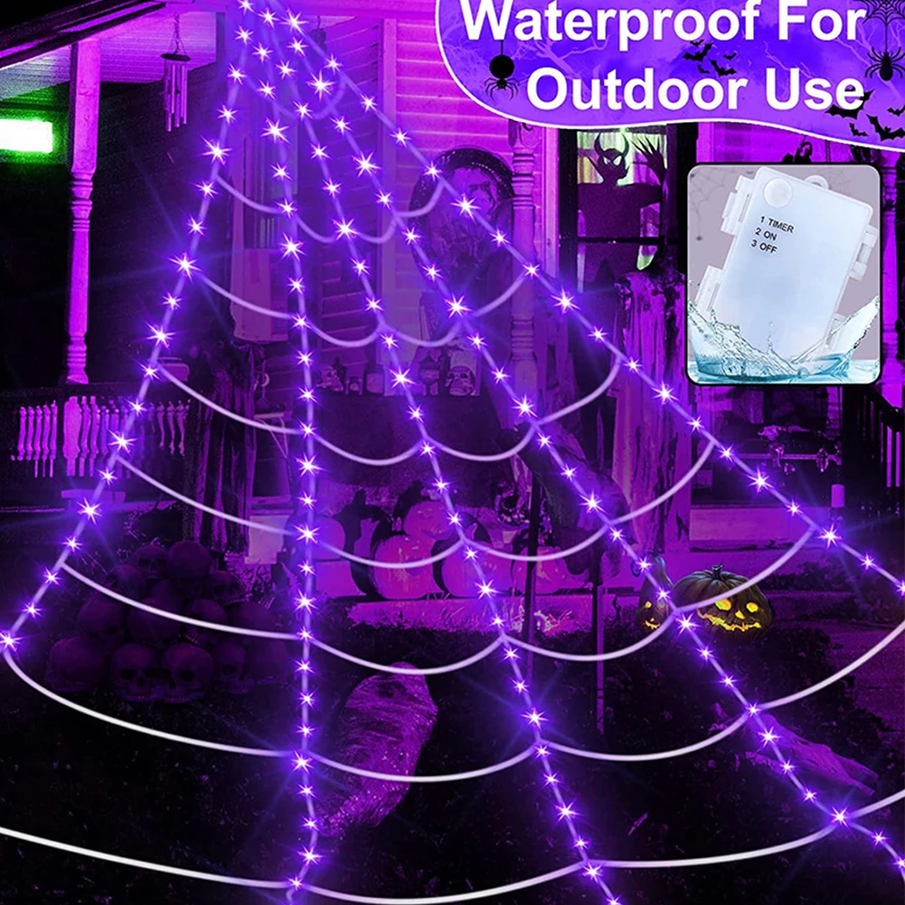 

5M Halloween Luminous Spider Web 75/150/200CM Giant Black Plush Spider Decor LED Lights 8 Modes Halloween Party Decoration