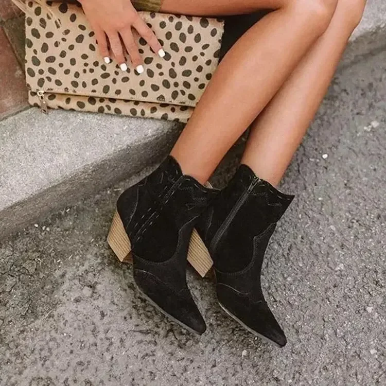 Leather Boots Women Genuine Pointed Toe Mid Heel Ankle Boots Thick Square Heel Slip On Western Boots Cowboy Boots Women New
