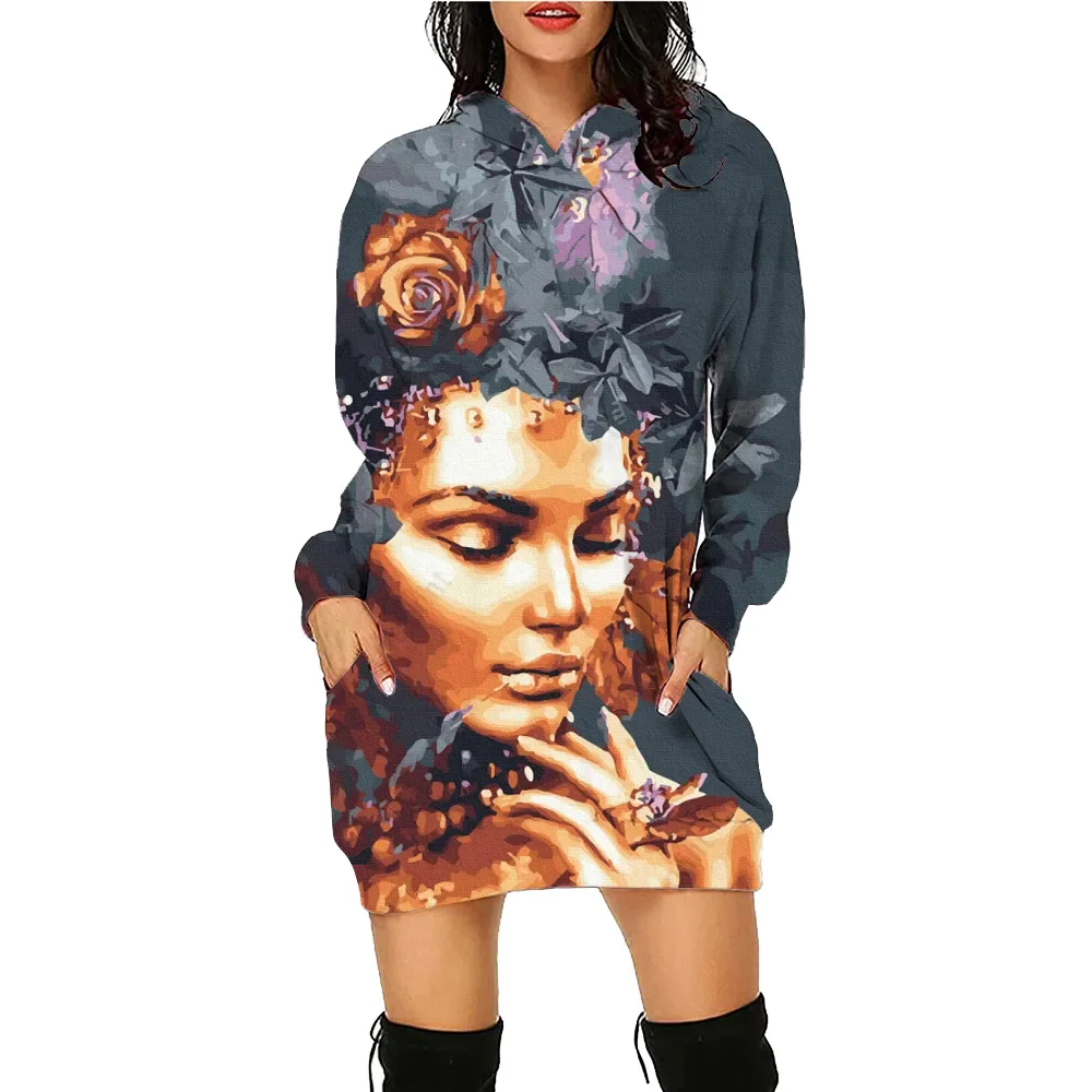 Fashion Printed Hoodie Dress Butterfly Women's Face Daily Workout Hoodies Long Sleeve Pullover Autumn Winter Loose Tee Vestido