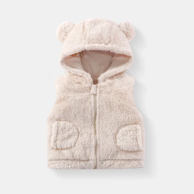Overcoat Autumn Winter Warm Boys' Plush Hooded Zip-up Kids' Girls Vest Bear Coat Design Sleeveless Jacket Pockets Outerwear Coat