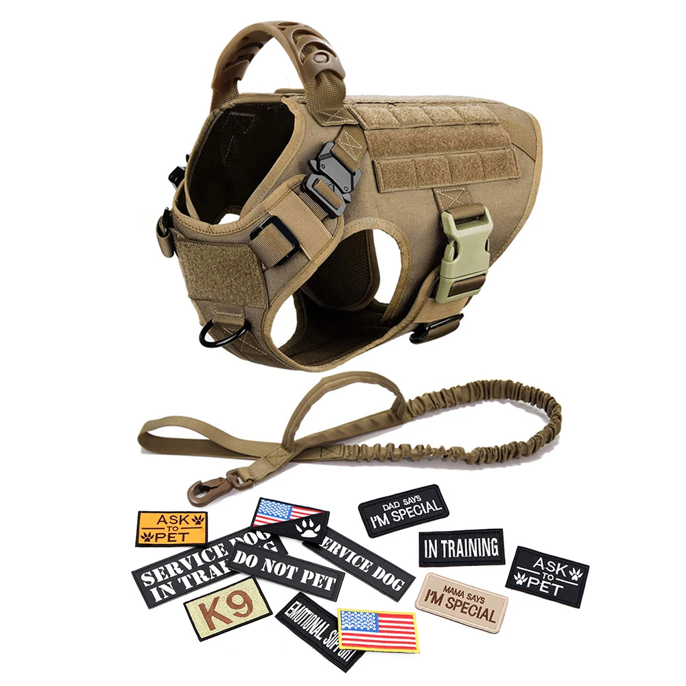 

Dog Harness Leash Collar Patches Set for Medium Large Dogs Military Pet Vest Adjustable Tactical Dog Harnesses Training Walking